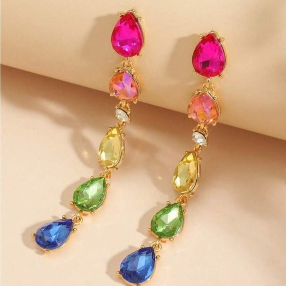 Colorful Gold-Plated Long Drop Earrings With Multicolor Teardrop Crystals & Rhin